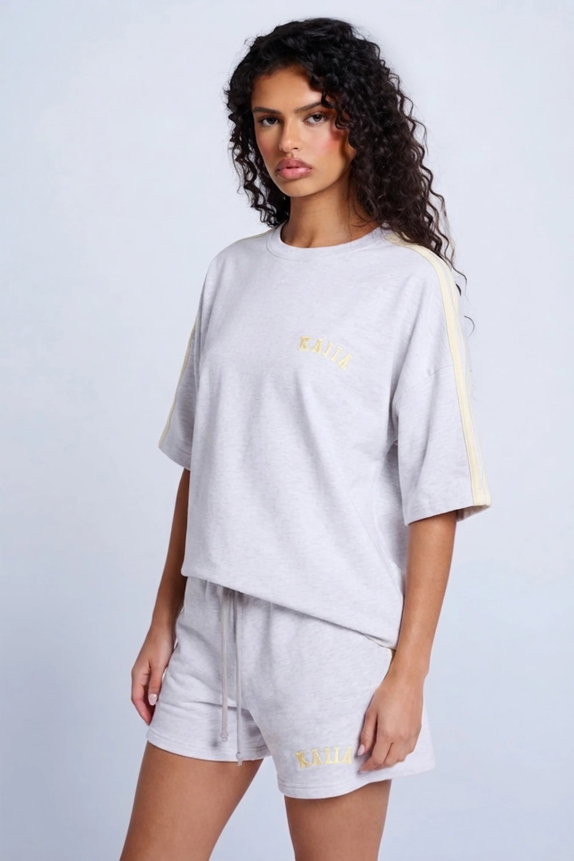 Kaiia Kaiia Side Stripe Oversized T-shirt Light Grey Marl & Vanilla Lemon