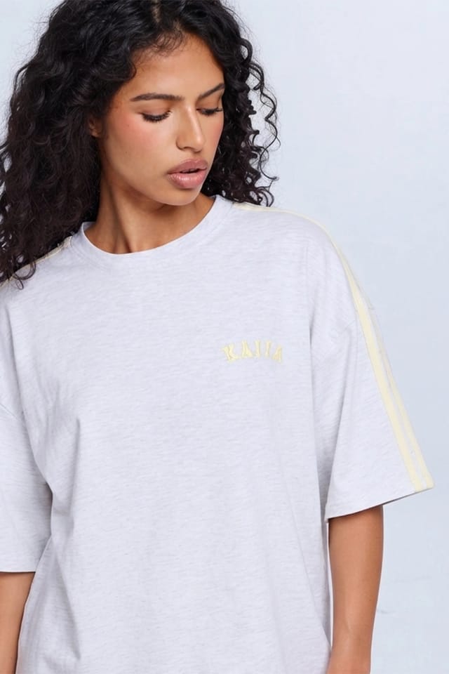 Kaiia Kaiia Side Stripe Oversized T-shirt Light Grey Marl & Vanilla Lemon - 2