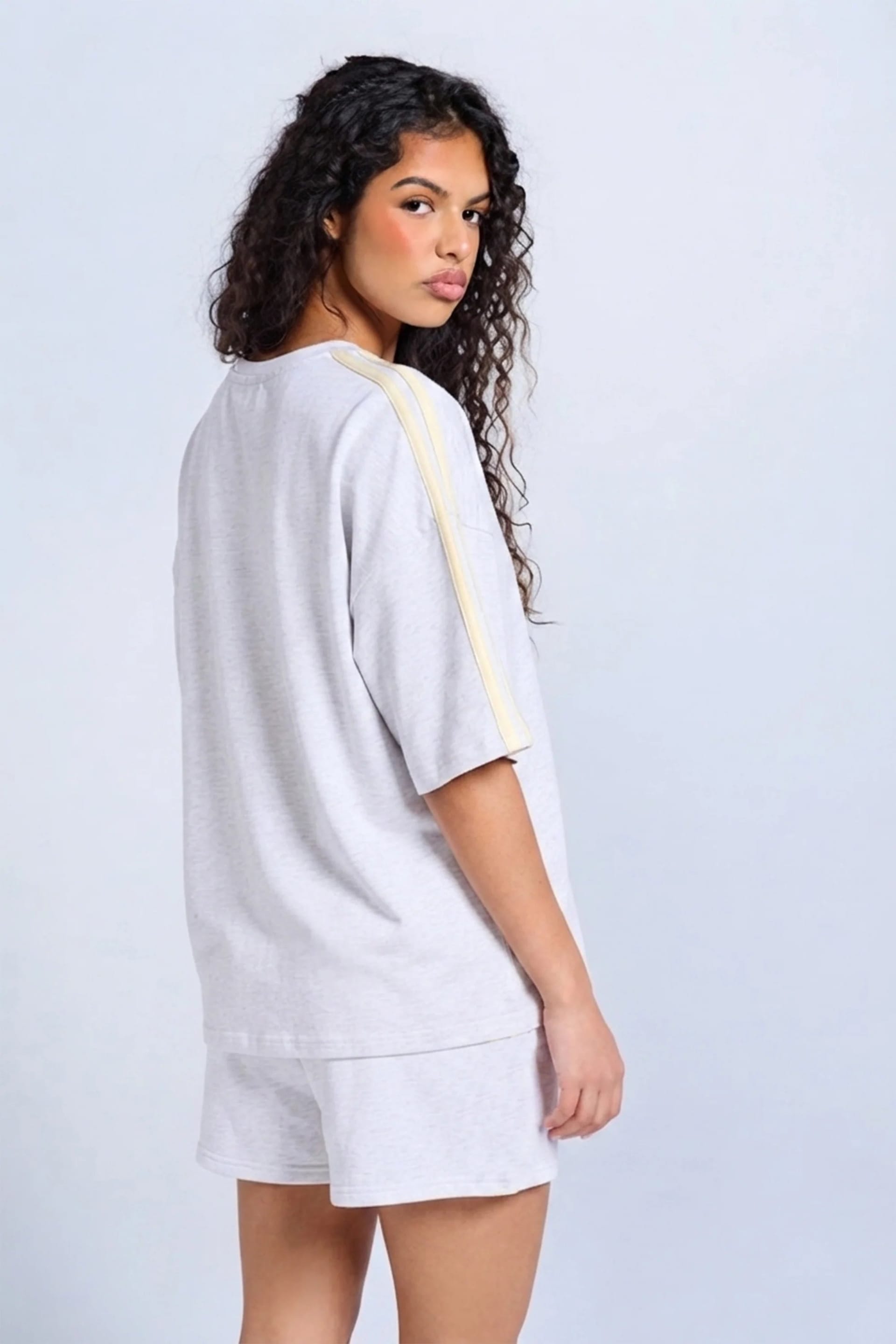Kaiia Kaiia Side Stripe Oversized T-shirt Light Grey Marl & Vanilla Lemon - 4