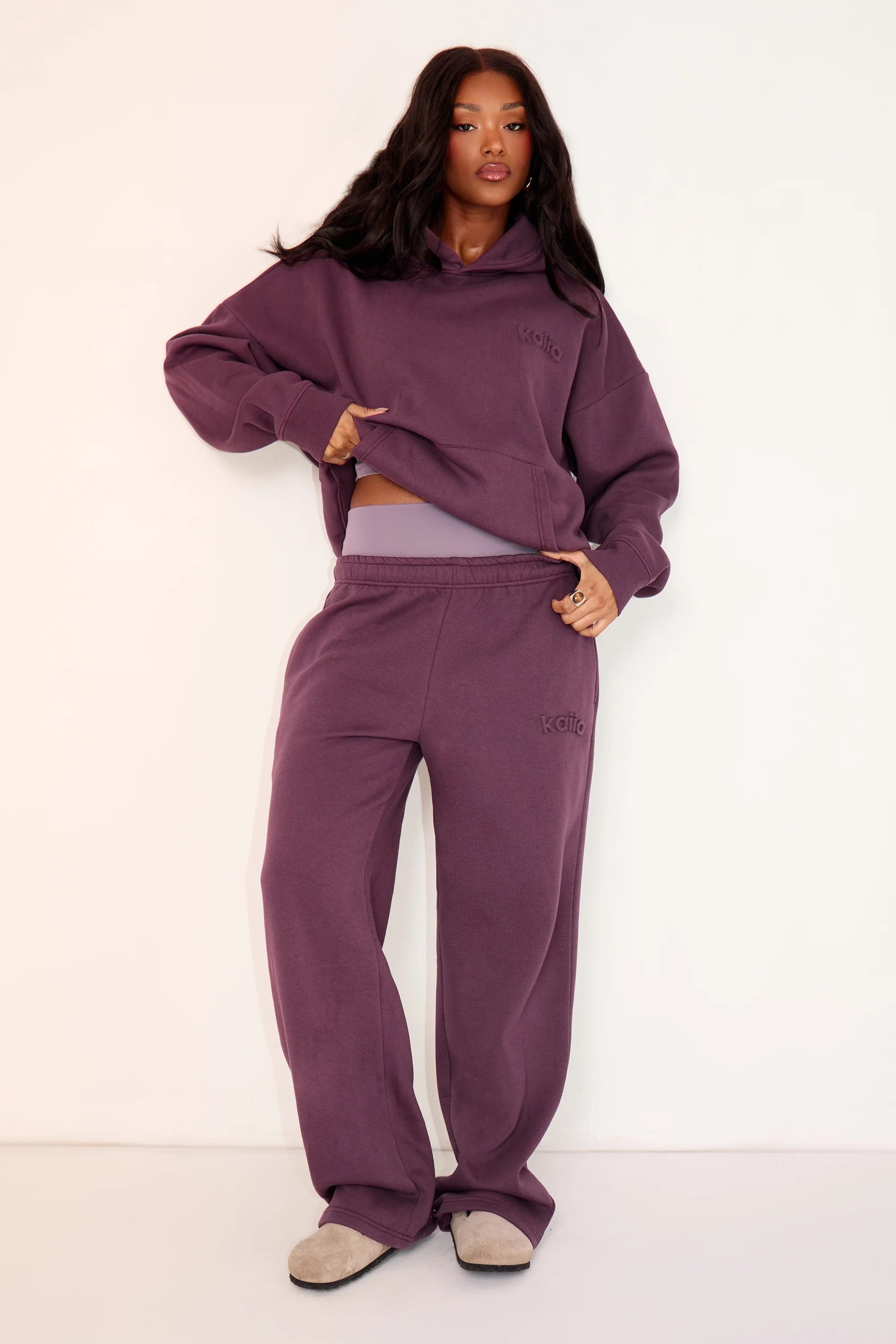 Kaiia Aubergine Embossed Logo Wide Leg Joggers