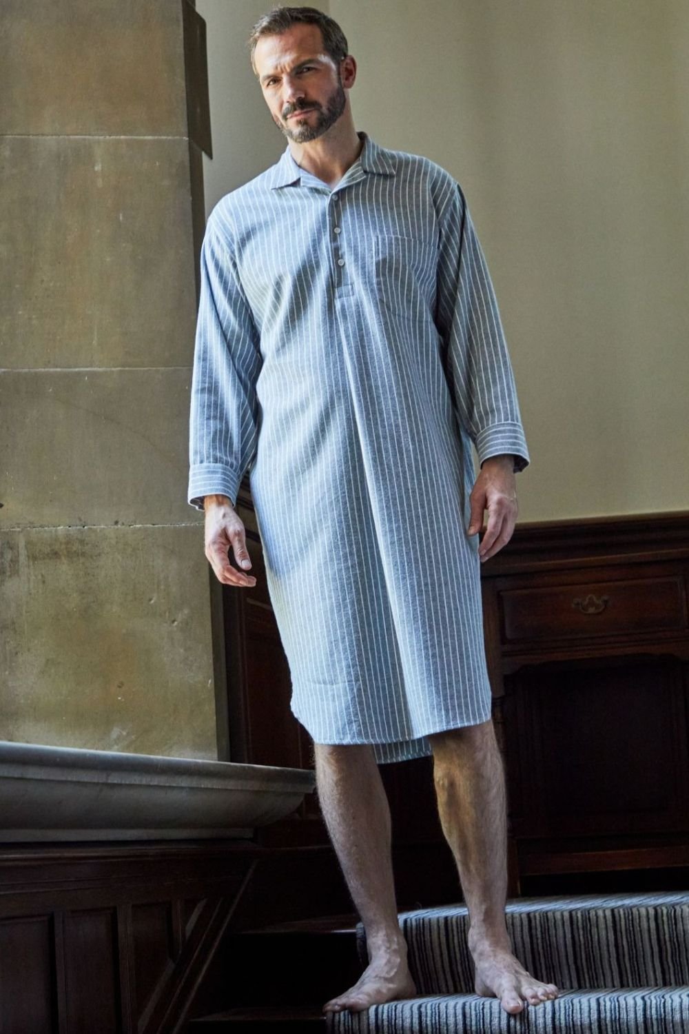 British Boxers British Boxers Men's "Chalk" Stripe Brushed Cotton Nightshirt in Mid Grey - 1