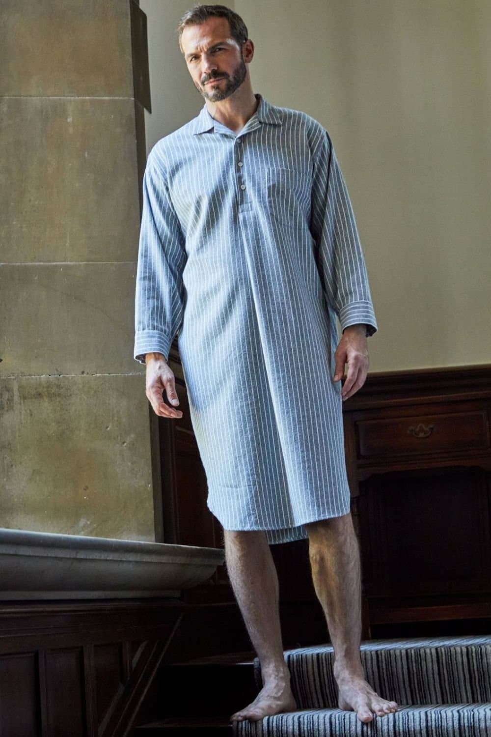 British Boxers British Boxers Men's "Chalk" Stripe Brushed Cotton Nightshirt in Mid Grey