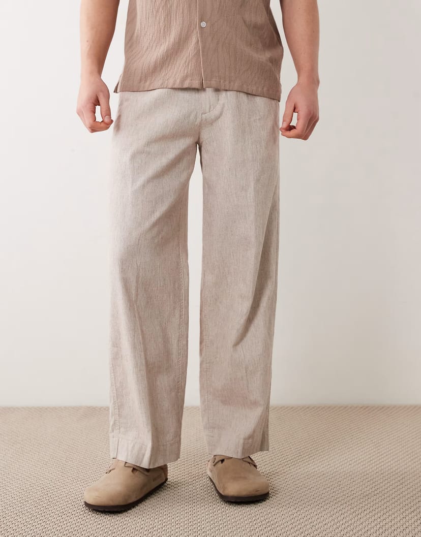 ASOS Abercrombie & Fitch baggy twill linen blend trousers in beige - 1