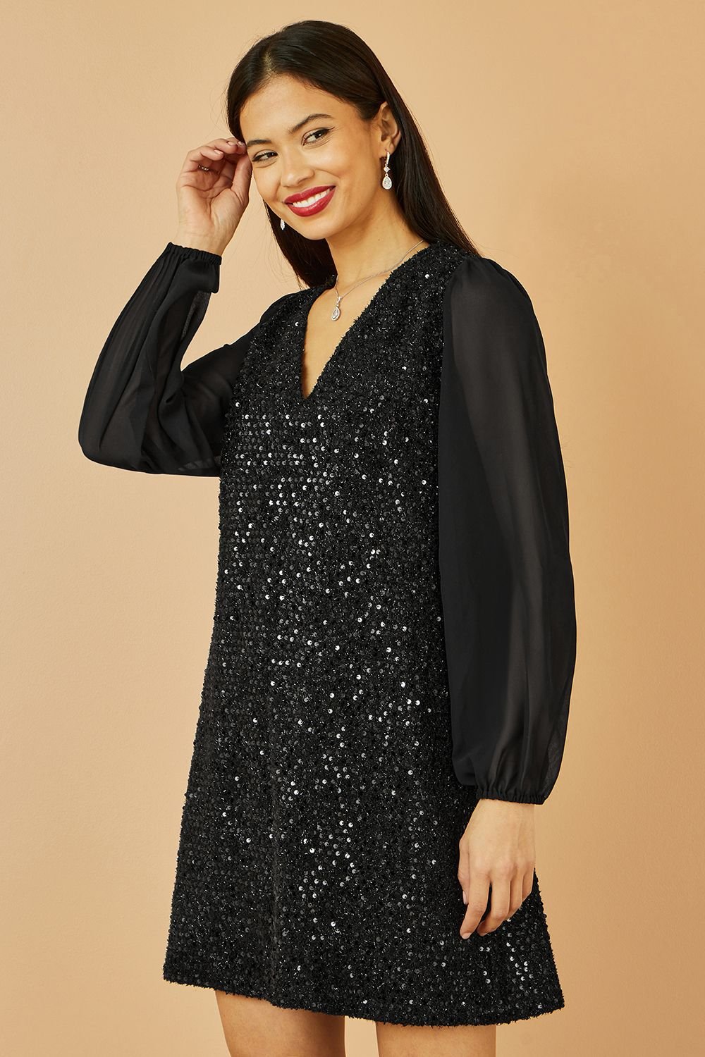 Yumi Yumi Women's Black Sequin Tunic With Tie Back & Sheer Sleeves - 1