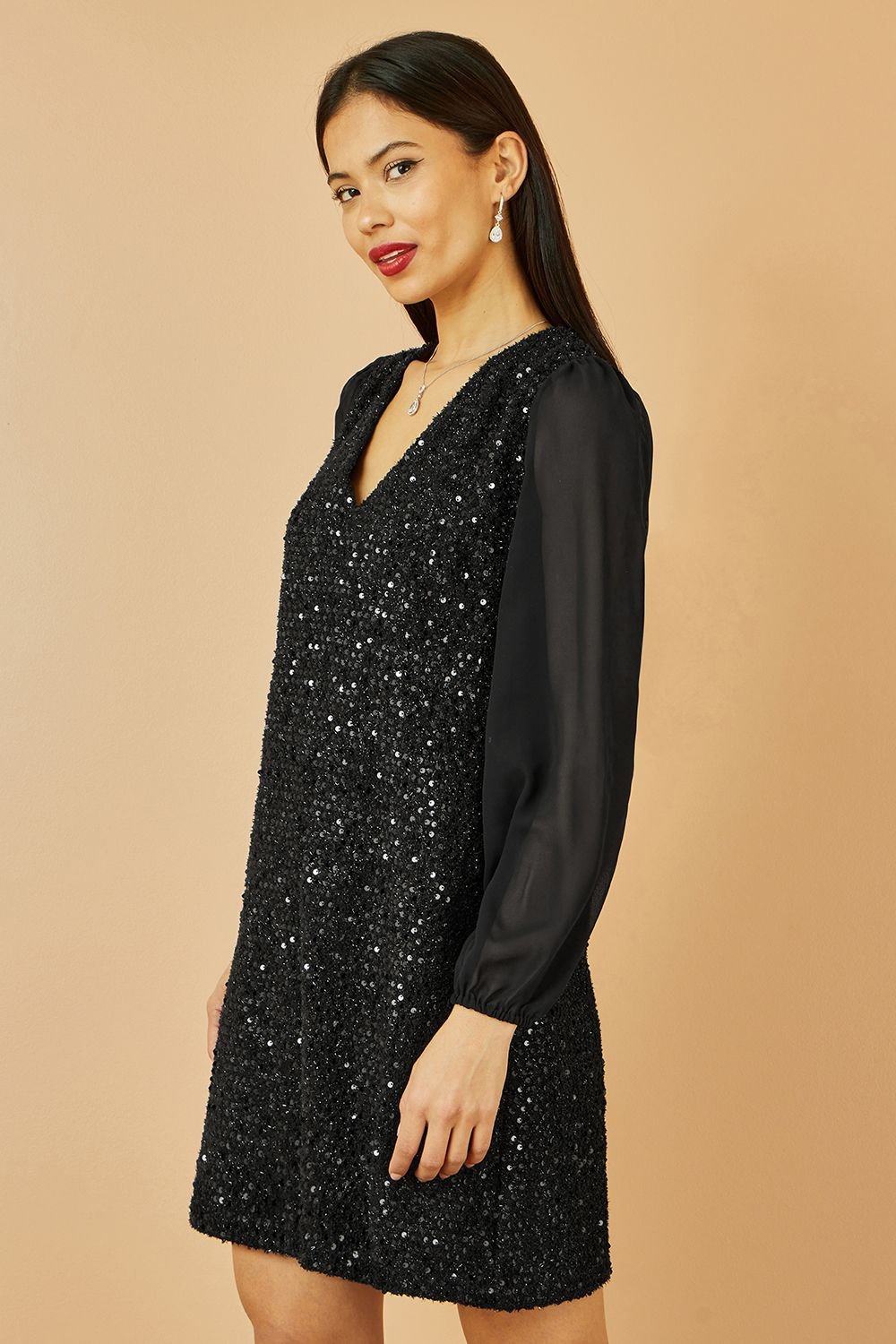Yumi Yumi Women's Black Sequin Tunic With Tie Back & Sheer Sleeves - 2