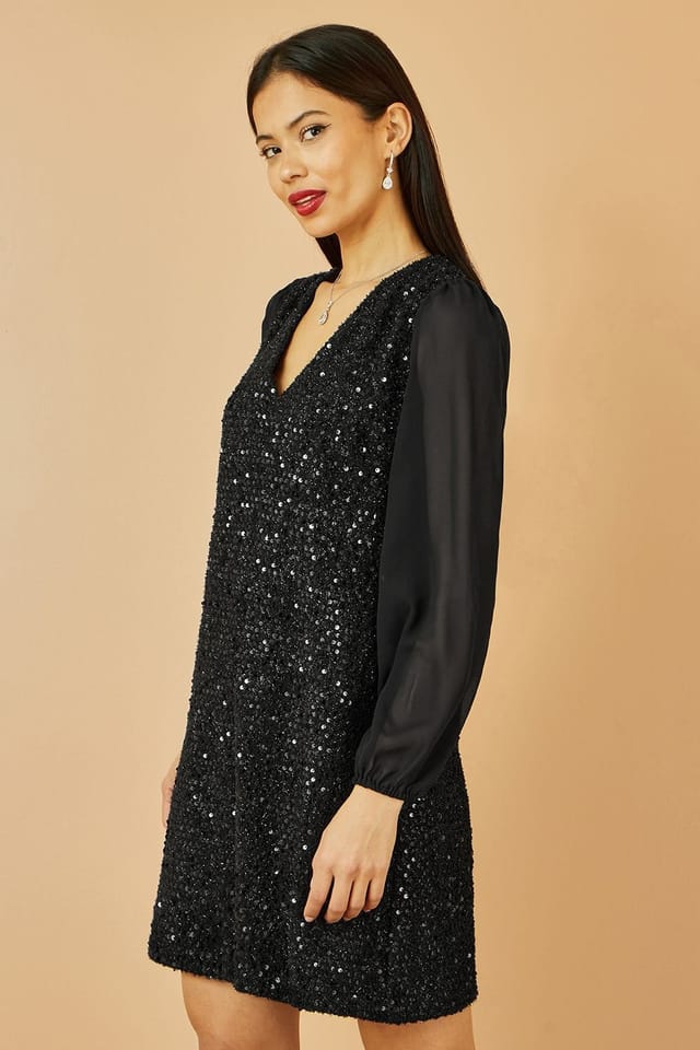 Yumi Yumi Women's Black Sequin Tunic With Tie Back & Sheer Sleeves - 2