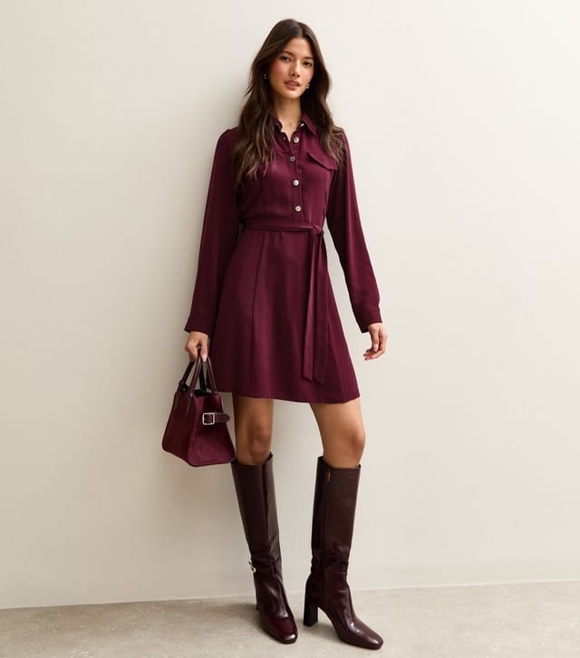 New Look Women's Dark Burgundy Belted Shirt Dress New Look - 3