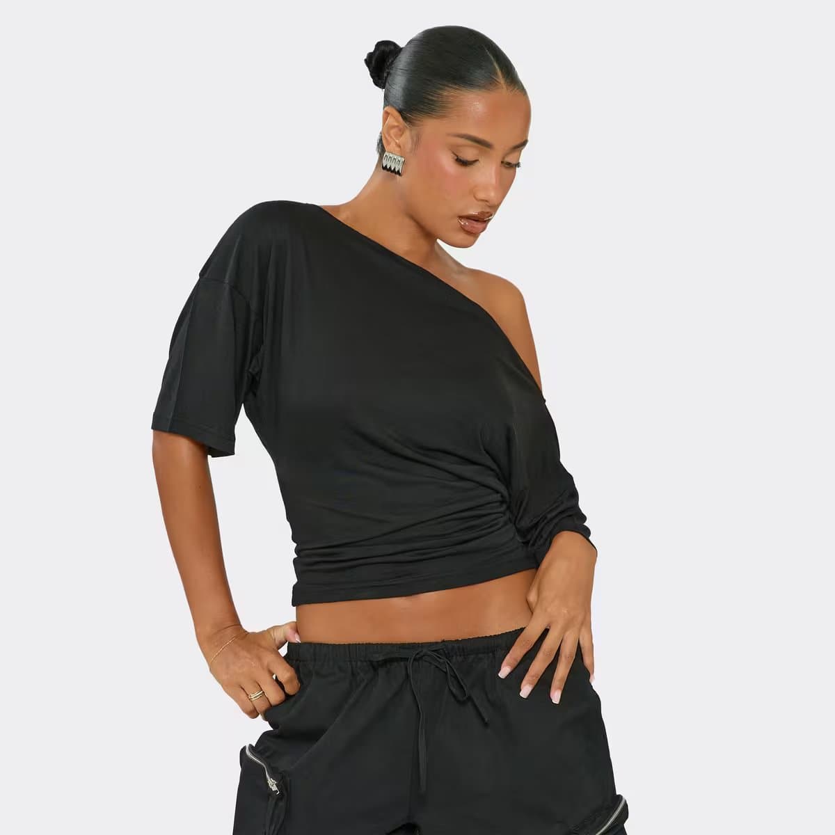 EGO Short Sleeve Off The Shoulder Top In Black Modal, Women's Size UK 6