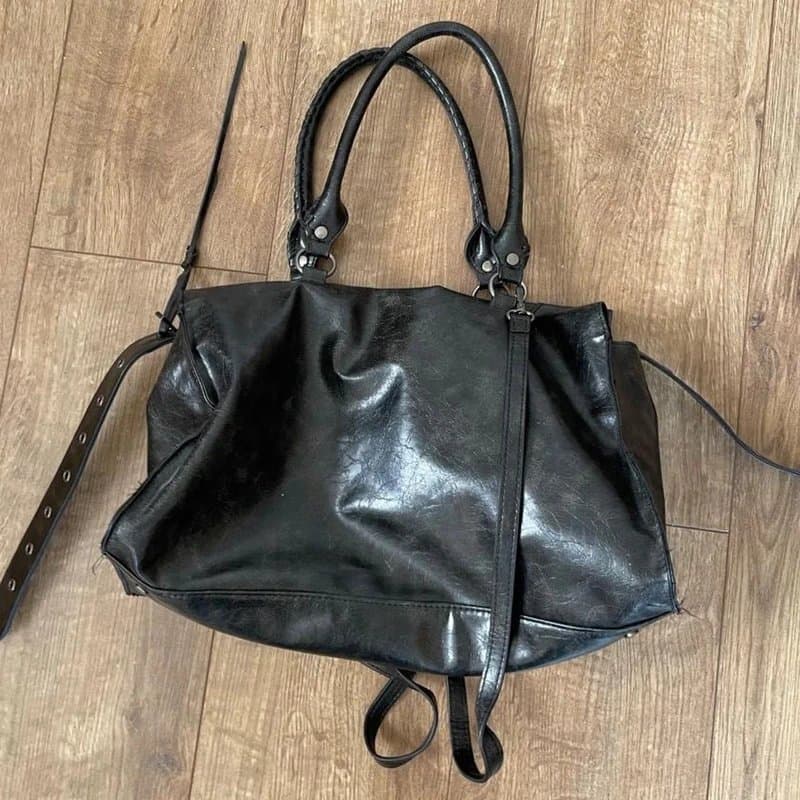 Bershka Black faux leather handbag with adjustable strap and buckle detail y2k style