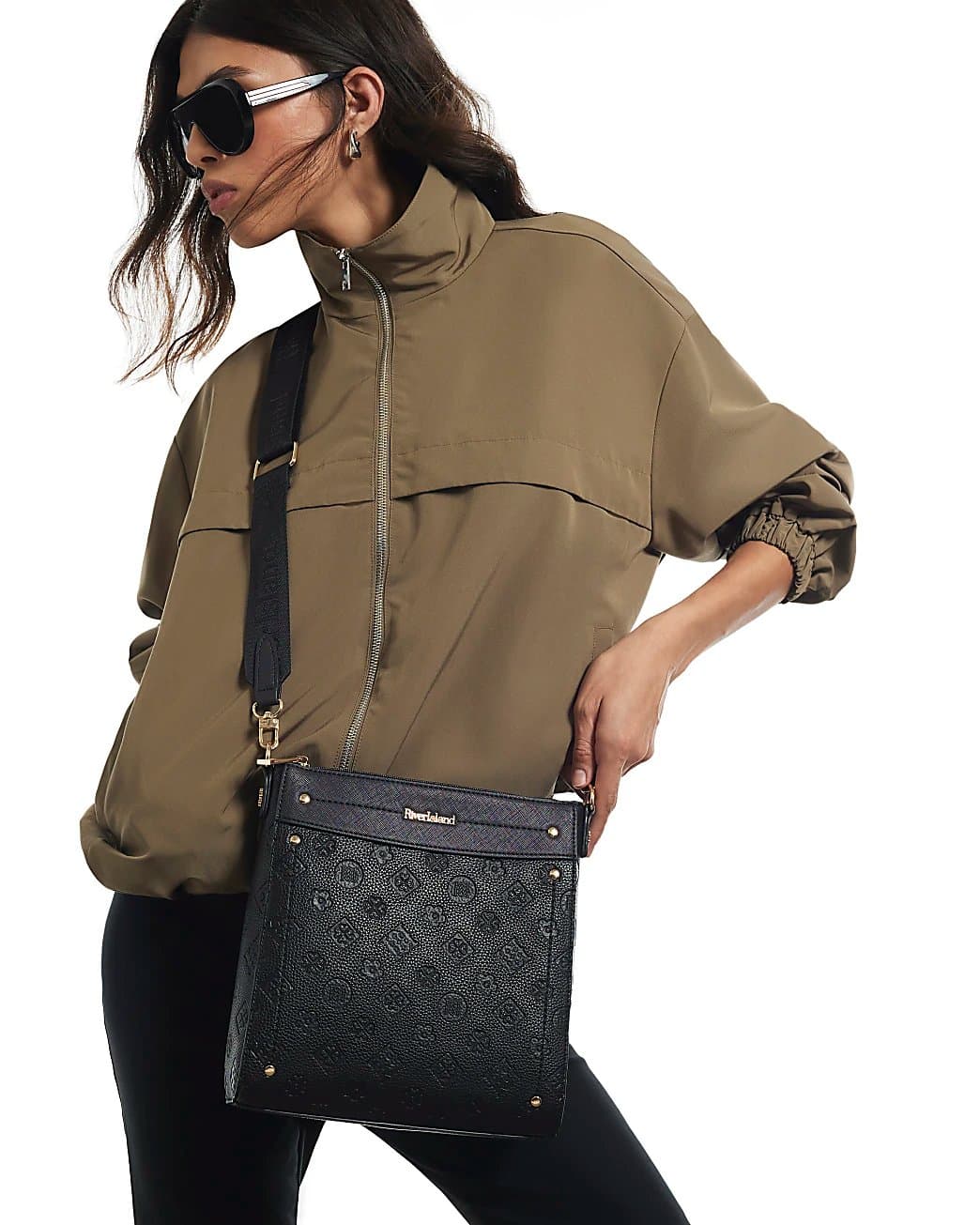 River Island River Island Womens Black Monogram Embossed Messenger Bag
