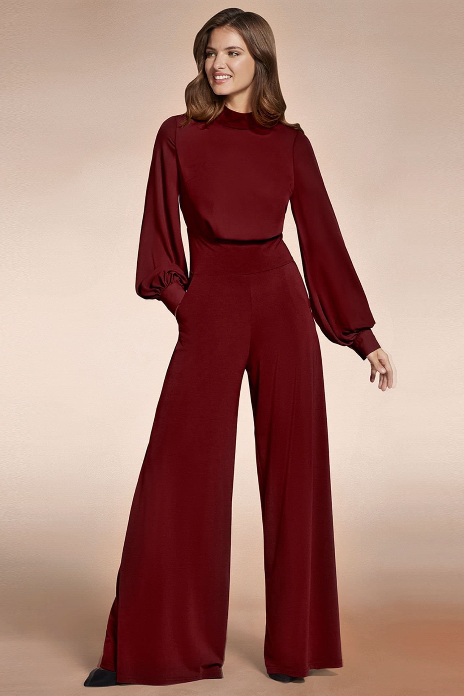 Hot Squash Hot Squash Women's Wideleg Jumpsuit with Blouson Sleeve in Wine