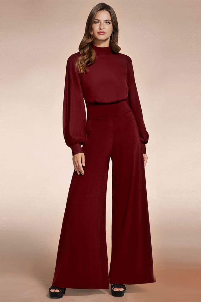 Hot Squash Hot Squash Women's Wideleg Jumpsuit with Blouson Sleeve in Wine - 2