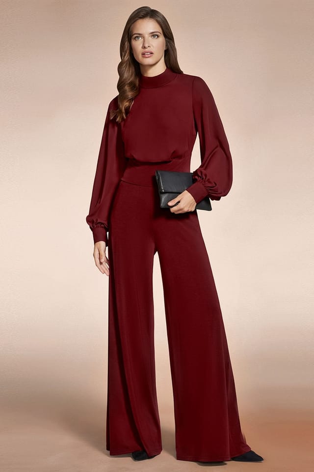 Hot Squash Hot Squash Women's Wideleg Jumpsuit with Blouson Sleeve in Wine - 3