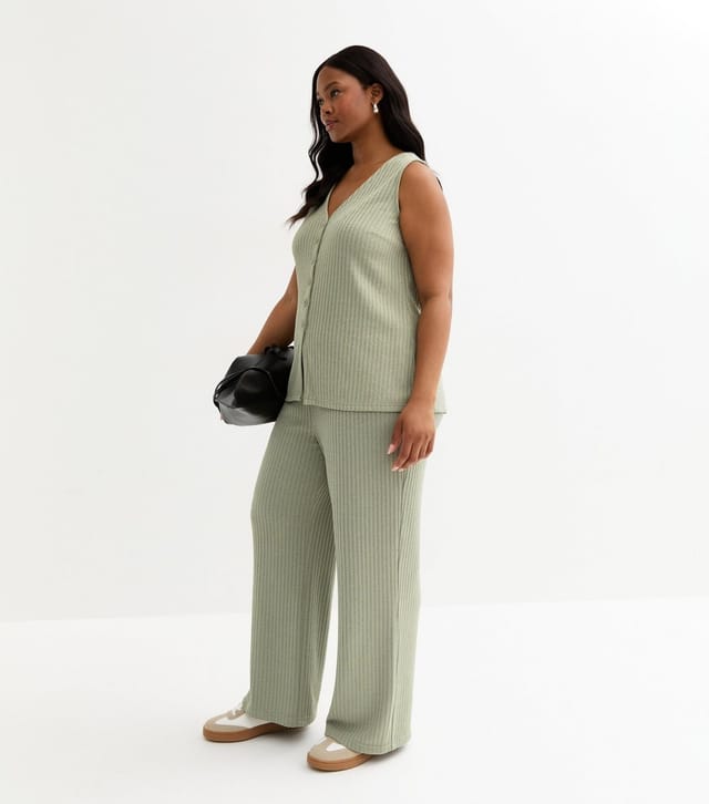 New Look Women's Plus Size Light Khaki Ribbed Wide Leg Trousers Curves New Look - 3