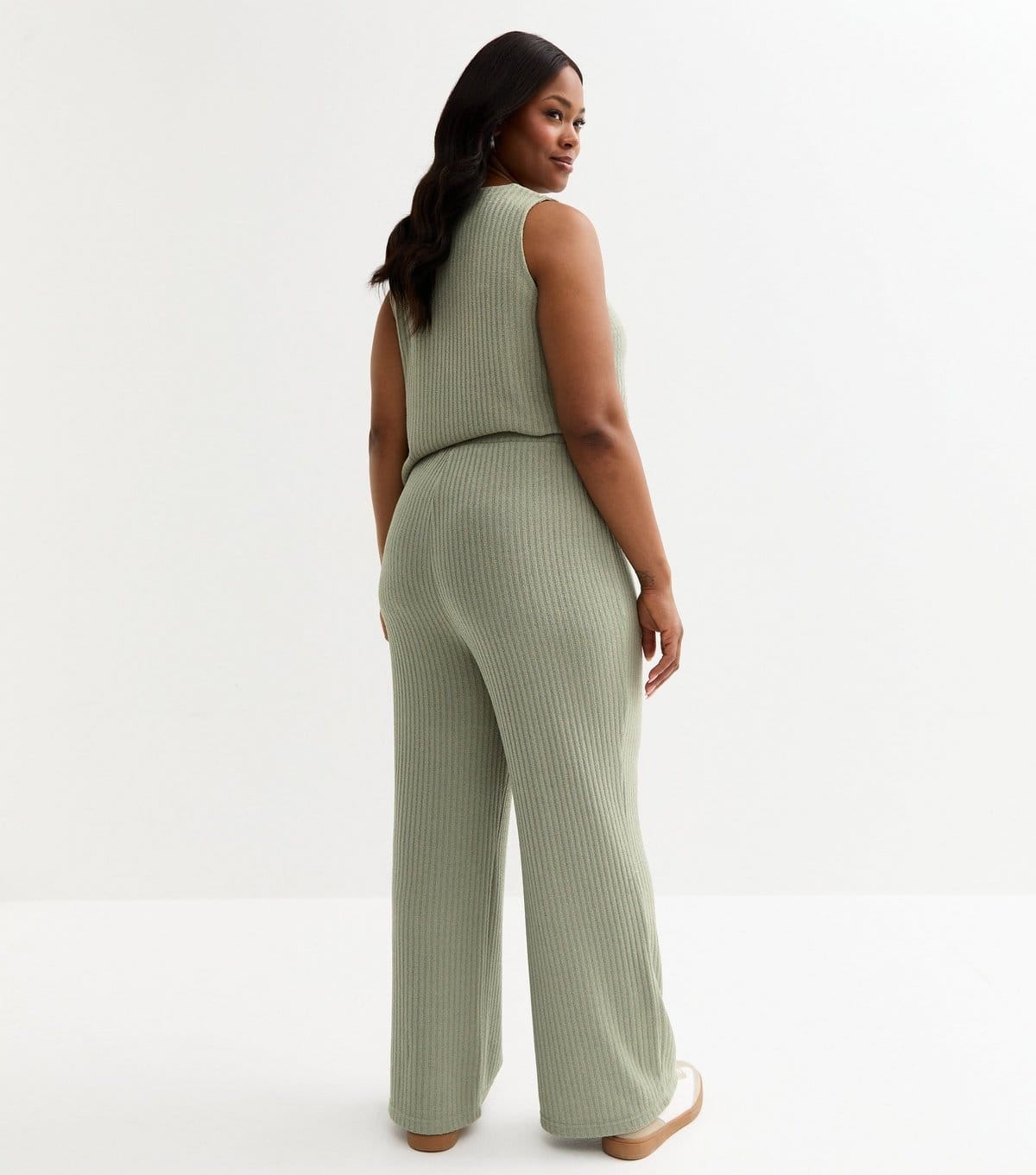 New Look Women's Plus Size Light Khaki Ribbed Wide Leg Trousers Curves New Look - 4
