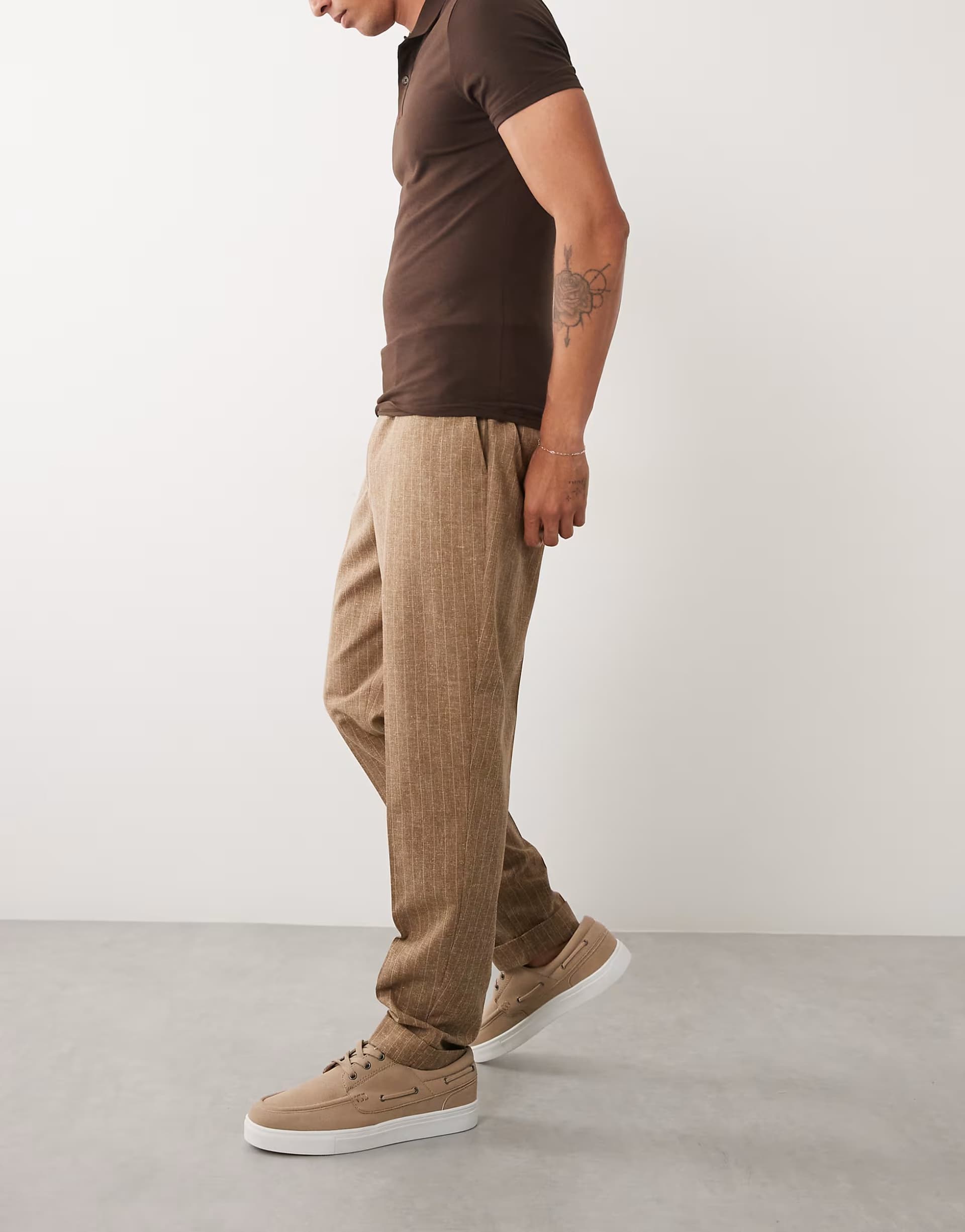 ASOS ASOS DESIGN linen smart tapered trousers in brown pinstripe with elasticated waist