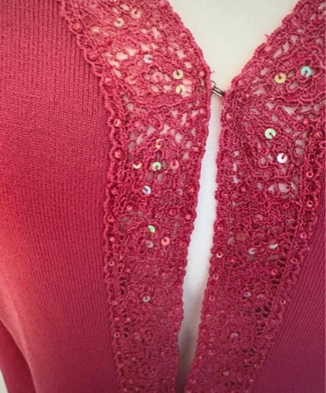 Bonmarché Bonmarché Embellished Sequin Crochet Trim Cardigan Pink Cerise Size M Y2K Boho Party