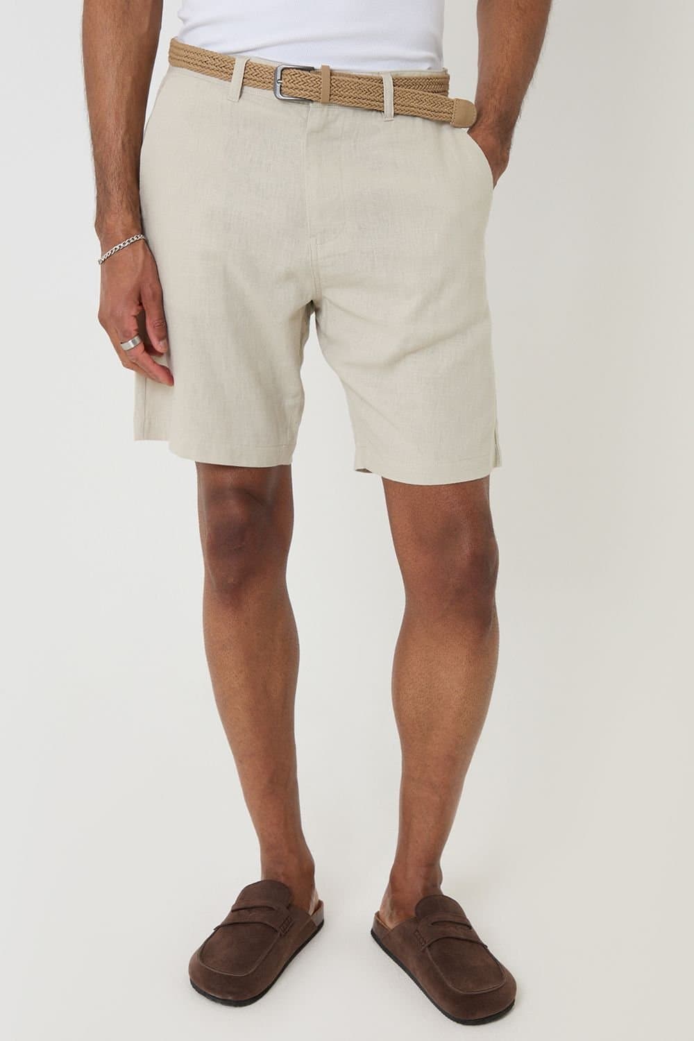 Threadbare threadbare Men's Linen Blend Shorts with Belt in Light Stone