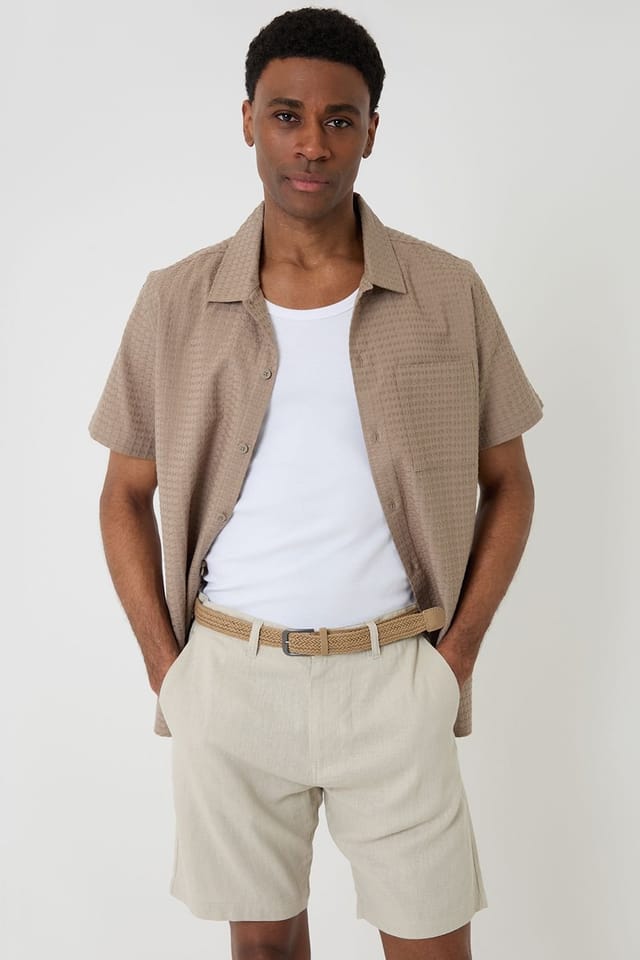 Threadbare threadbare Men's Linen Blend Shorts with Belt in Light Stone - 3