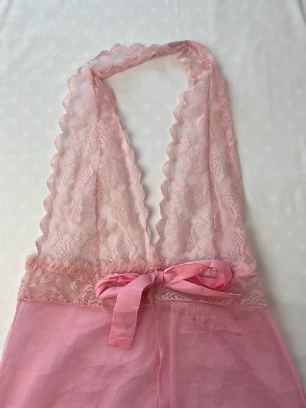 unbranded Pink Sheer Mesh Babydoll Dress Lace Halter Neck Tie Front Lingerie