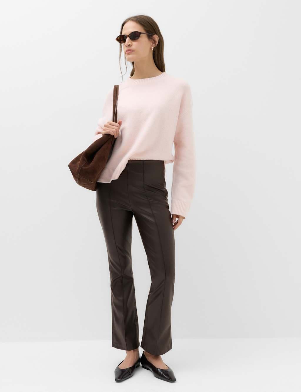 Marks & Spencer M&S Faux Leather High Waisted Ankle Grazer Trousers Chocolate