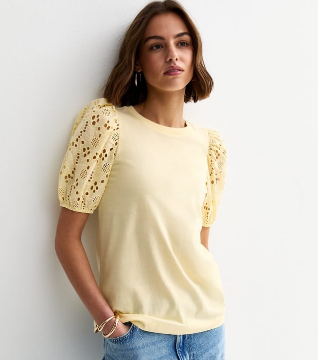 New Look Women's Light Yellow Broderie Anglaise Puff Sleeve Top New Look - 2
