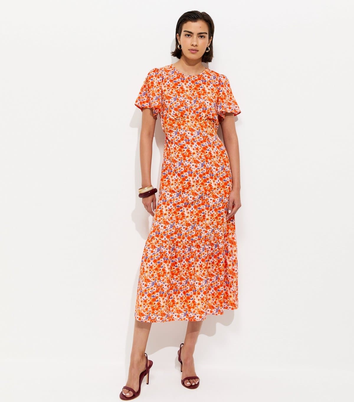 New Look Women's Orange Floral Print Crepe Short Sleeve Midi Dress New Look