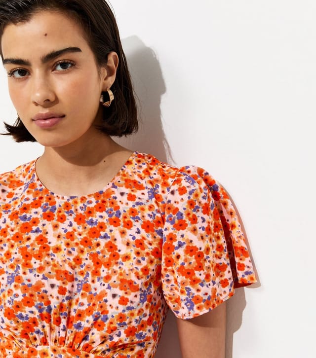 New Look Women's Orange Floral Print Crepe Short Sleeve Midi Dress New Look - 2