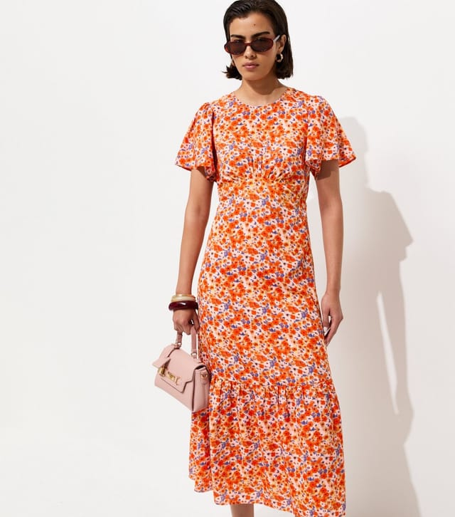 New Look Women's Orange Floral Print Crepe Short Sleeve Midi Dress New Look - 3