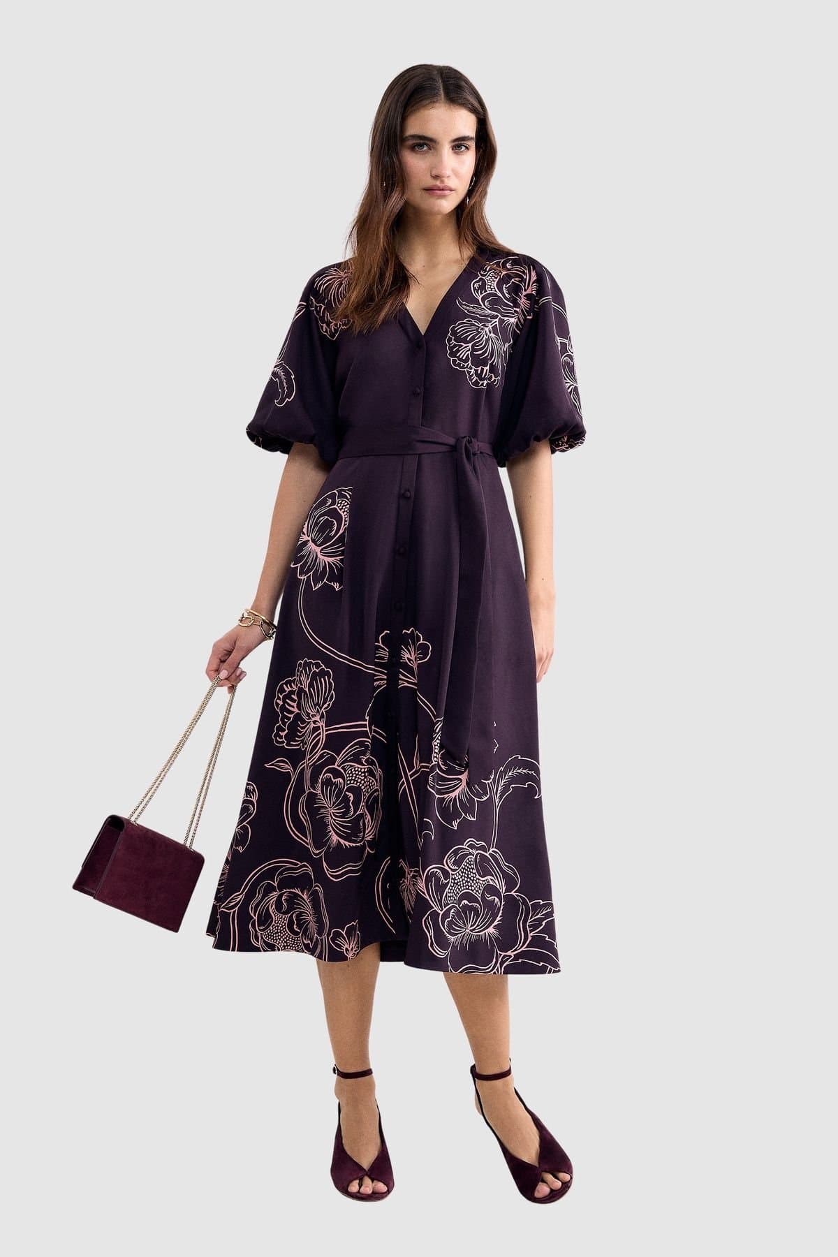 Phase Eight Phase Eight Women's Mabel Floral V-Neck Midi Dress in Aubergine