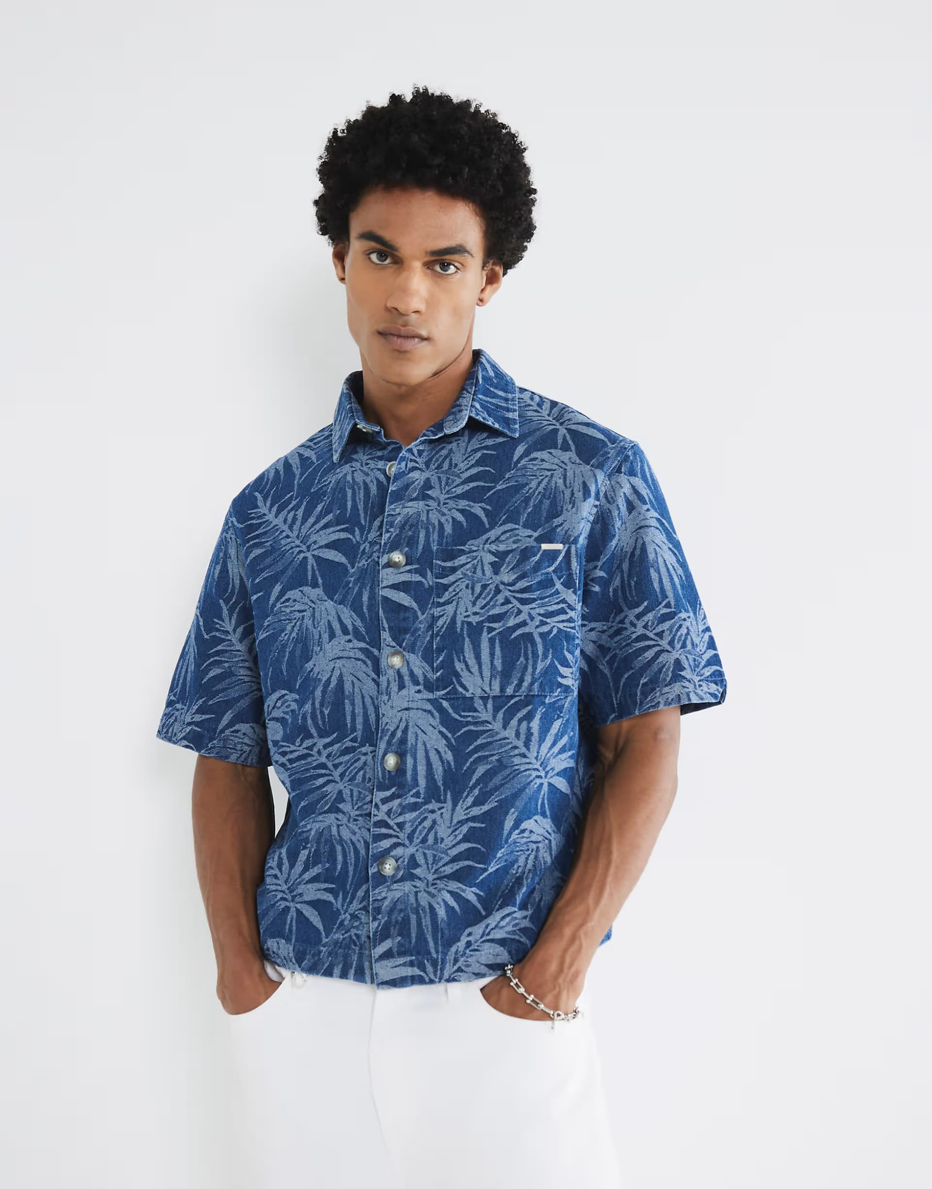 ASOS River Island Denim boxy fit palm print shirt in denim - medium