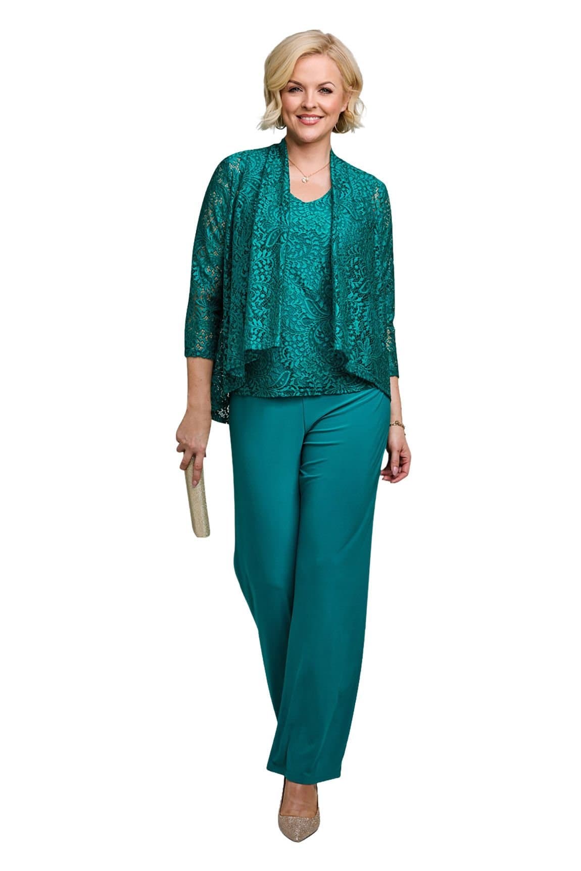 Amber Amber Women's Three Piece Lace Trim Top & Trouser Co-Ord Set in Dark Green