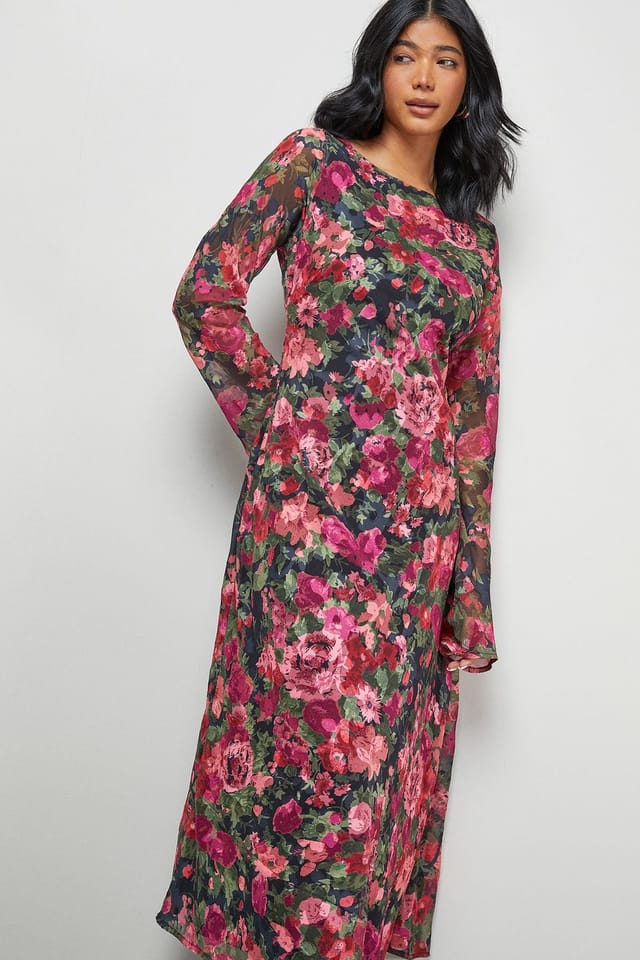 Warehouse Warehouse Women's Burnout Floral Chiffon Slash Neck Bias Midi Dress in Black - 2