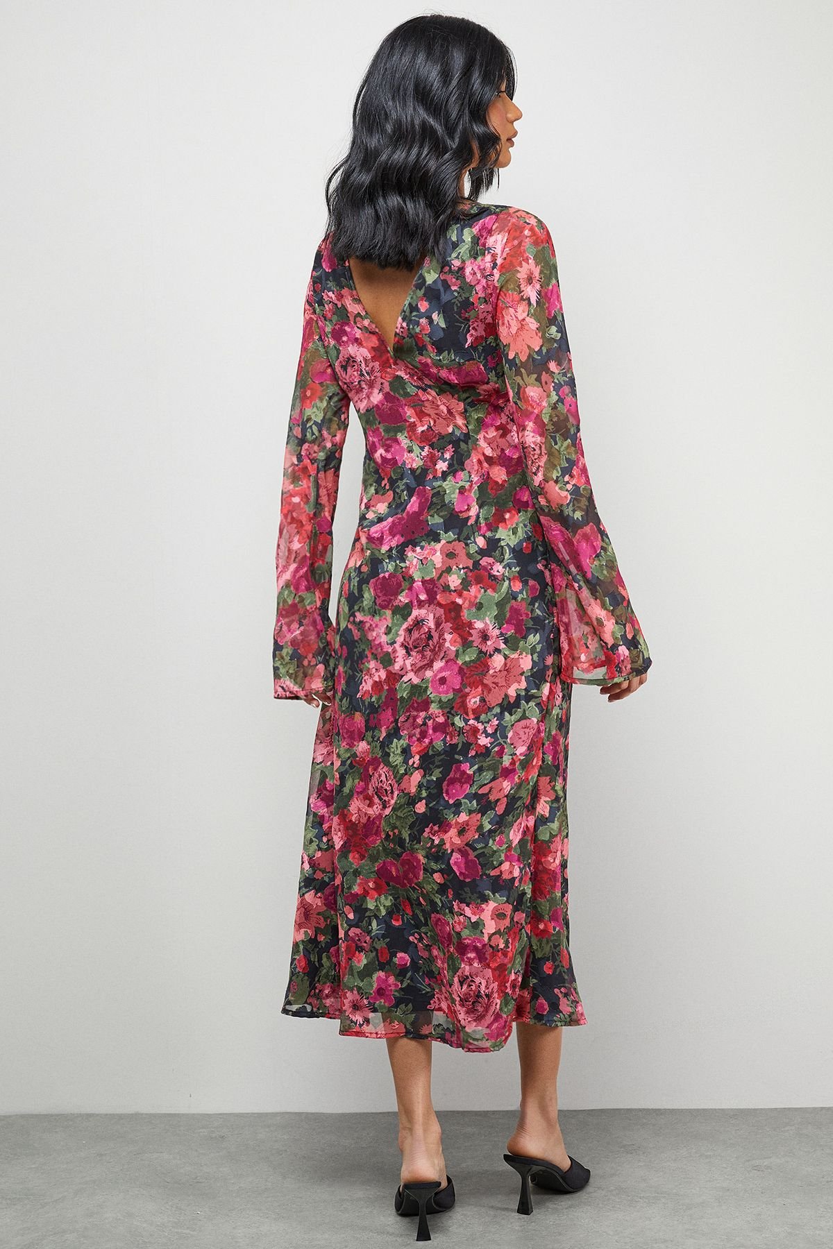 Warehouse Warehouse Women's Burnout Floral Chiffon Slash Neck Bias Midi Dress in Black - 3