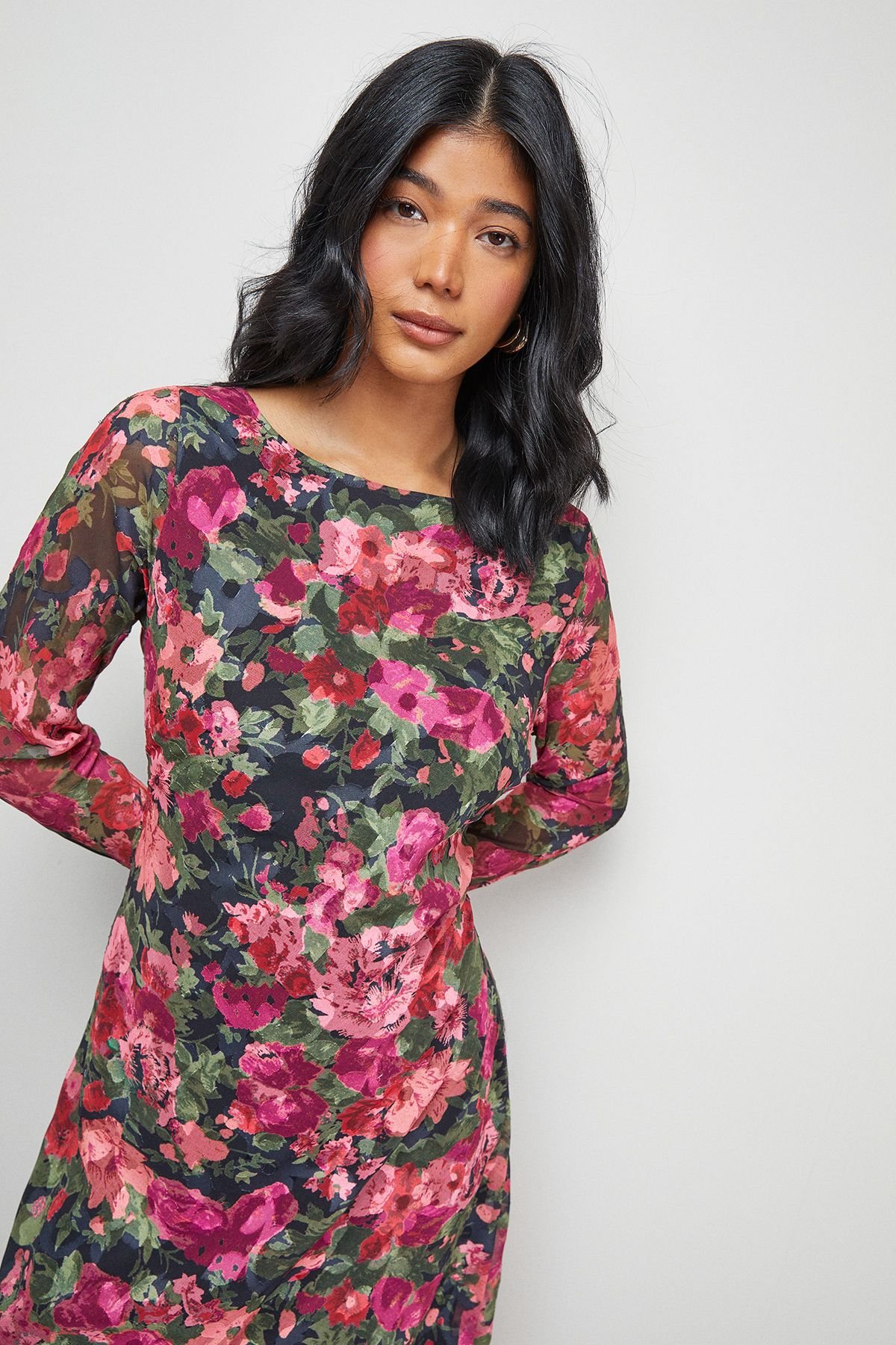 Warehouse Warehouse Women's Burnout Floral Chiffon Slash Neck Bias Midi Dress in Black - 4