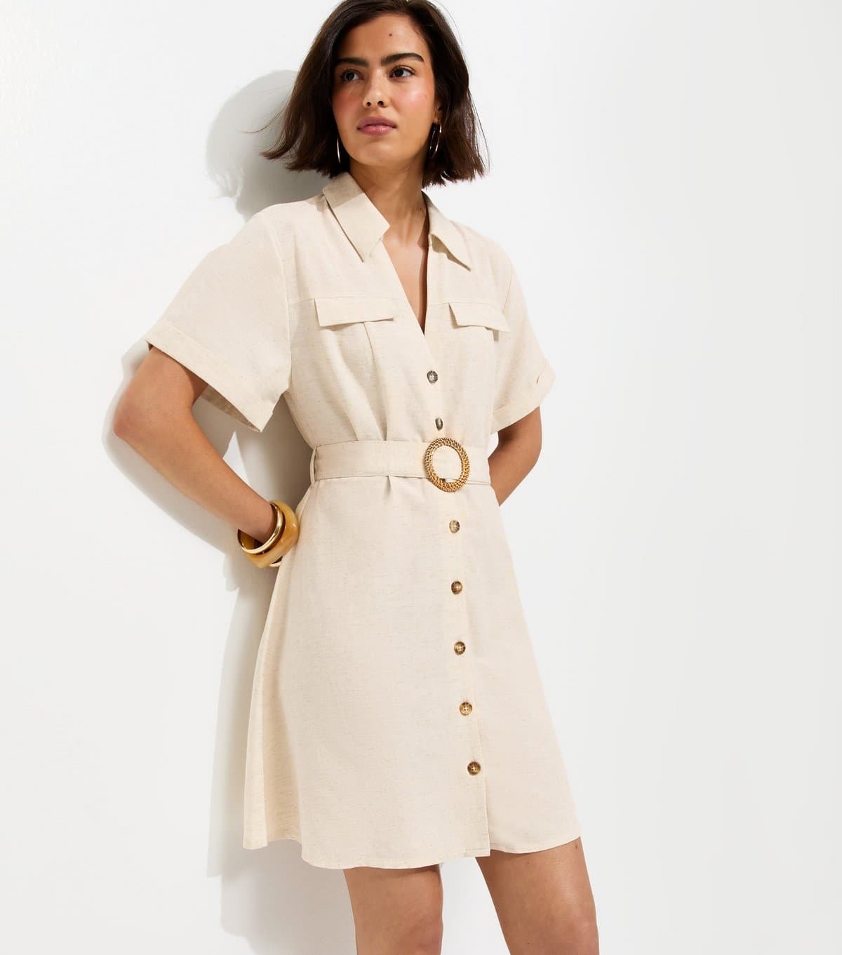 New Look New Look Stone Cotton Belted Mini Shirt Dress