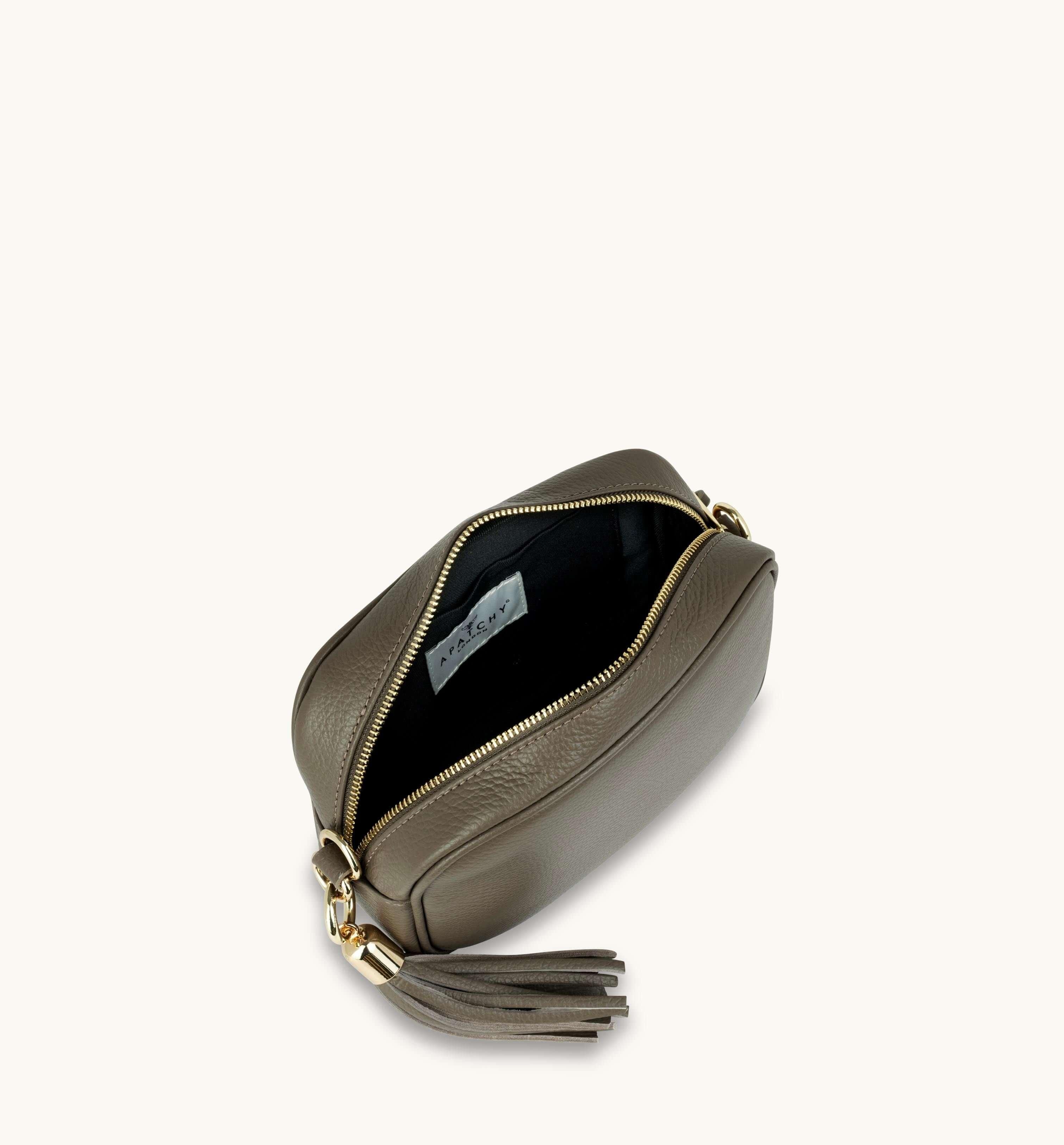 Apatchy London Apatchy London Women's Latte Leather Crossbody Bag With Black & Gold Chevron Strap in Taupe - 4