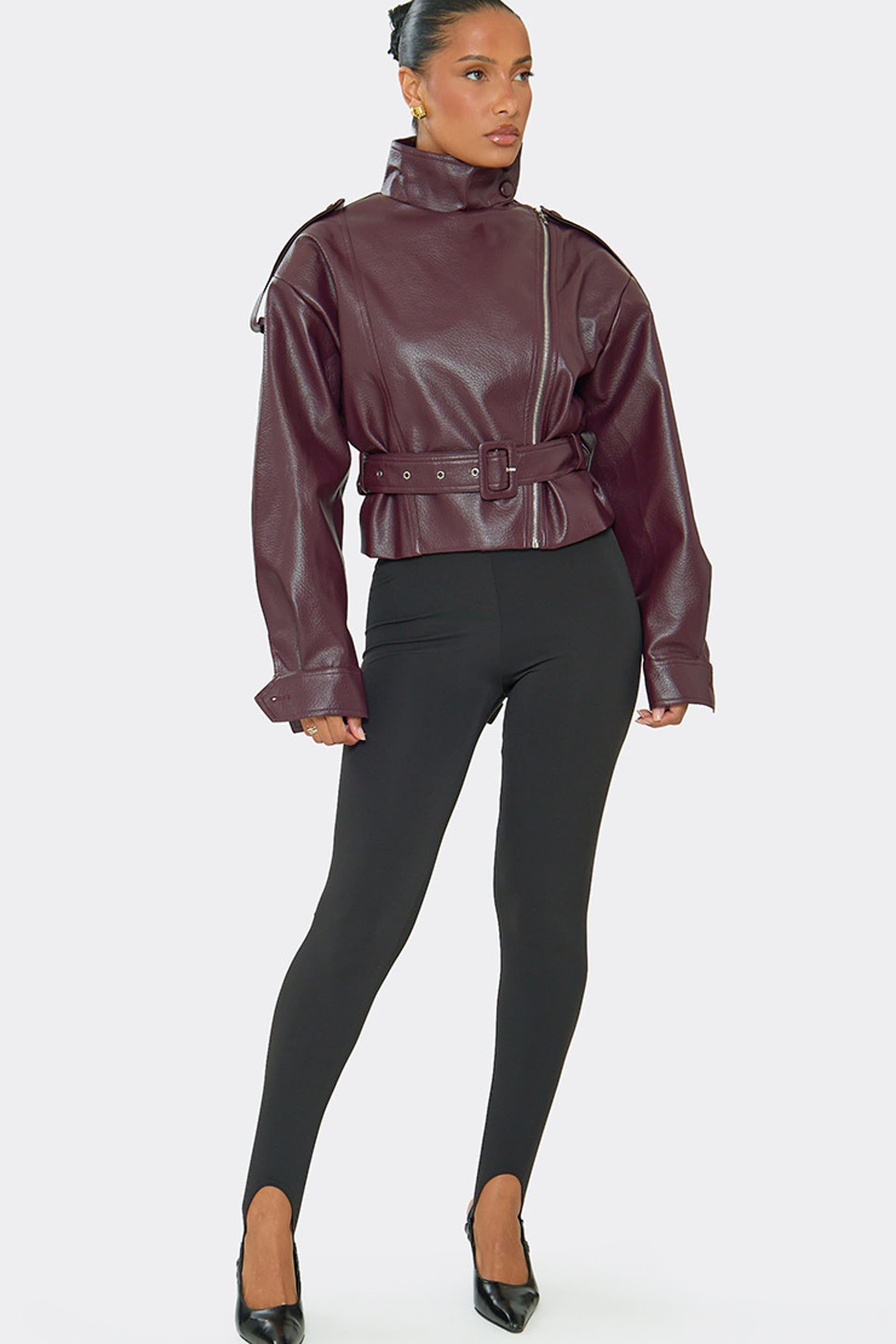 EGO EGO Women's Biker Style Long Sleeve Belted High Neck Faux Leather Jacket in Wine
