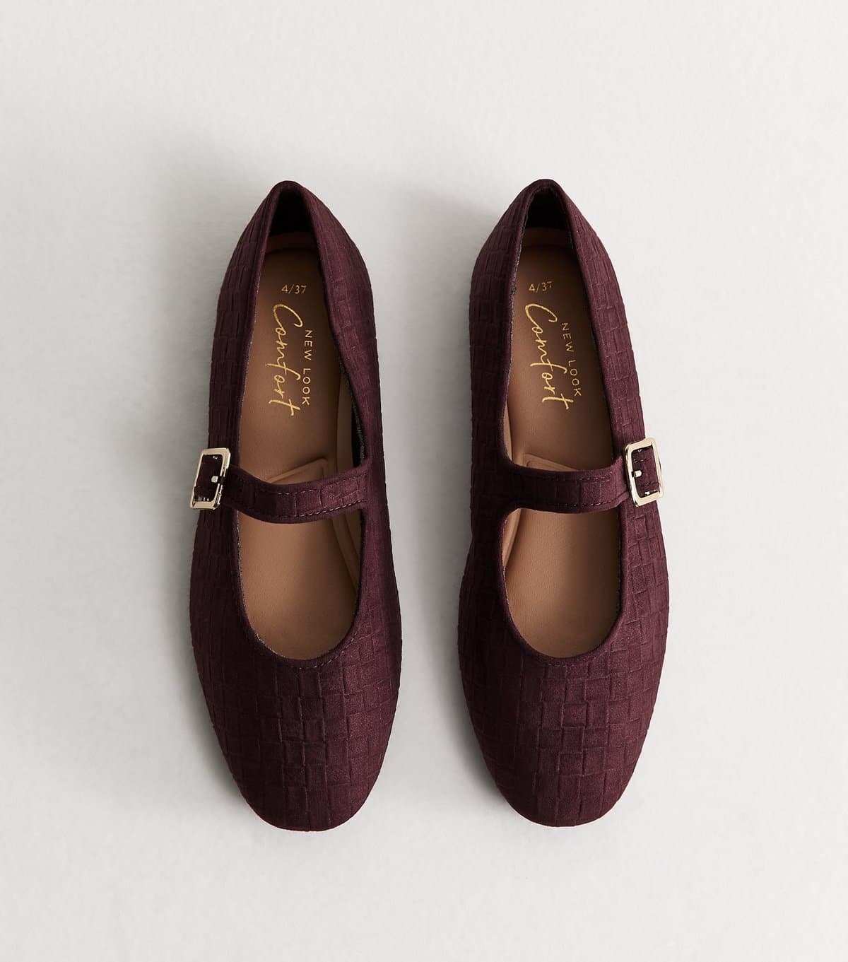 New Look Women's Dark Burgundy Textured Faux Suede Buckled Mary Jane Flats Vegan New Look