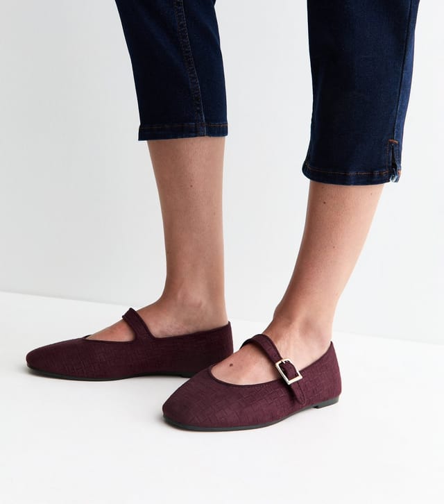New Look Women's Dark Burgundy Textured Faux Suede Buckled Mary Jane Flats Vegan New Look - 2