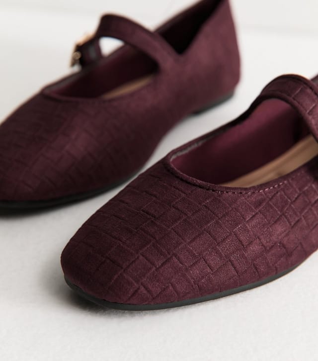 New Look Women's Dark Burgundy Textured Faux Suede Buckled Mary Jane Flats Vegan New Look - 3
