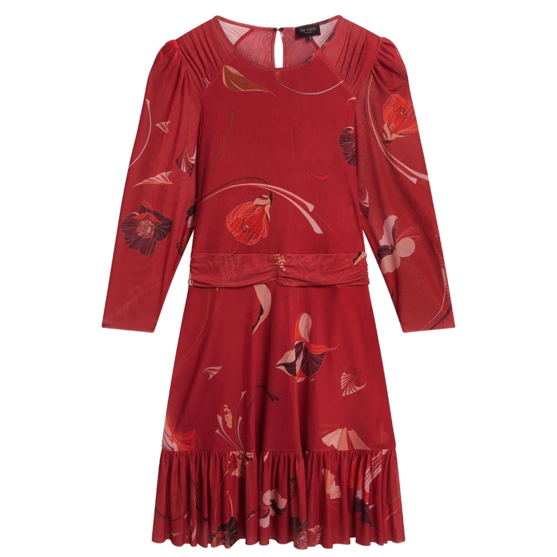 Ted Baker Ted Baker Women's Gathered Shoulder Mesh Long Sleeve V-neck Regular Fit Mini Dress in Dark Red