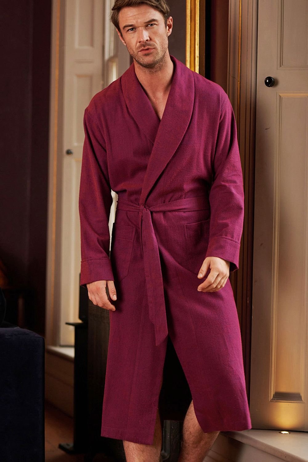 British Boxers British Boxers Men's 'Cahors' Herringbone Brushed Cotton Dressing Gown in Burgundy - 3
