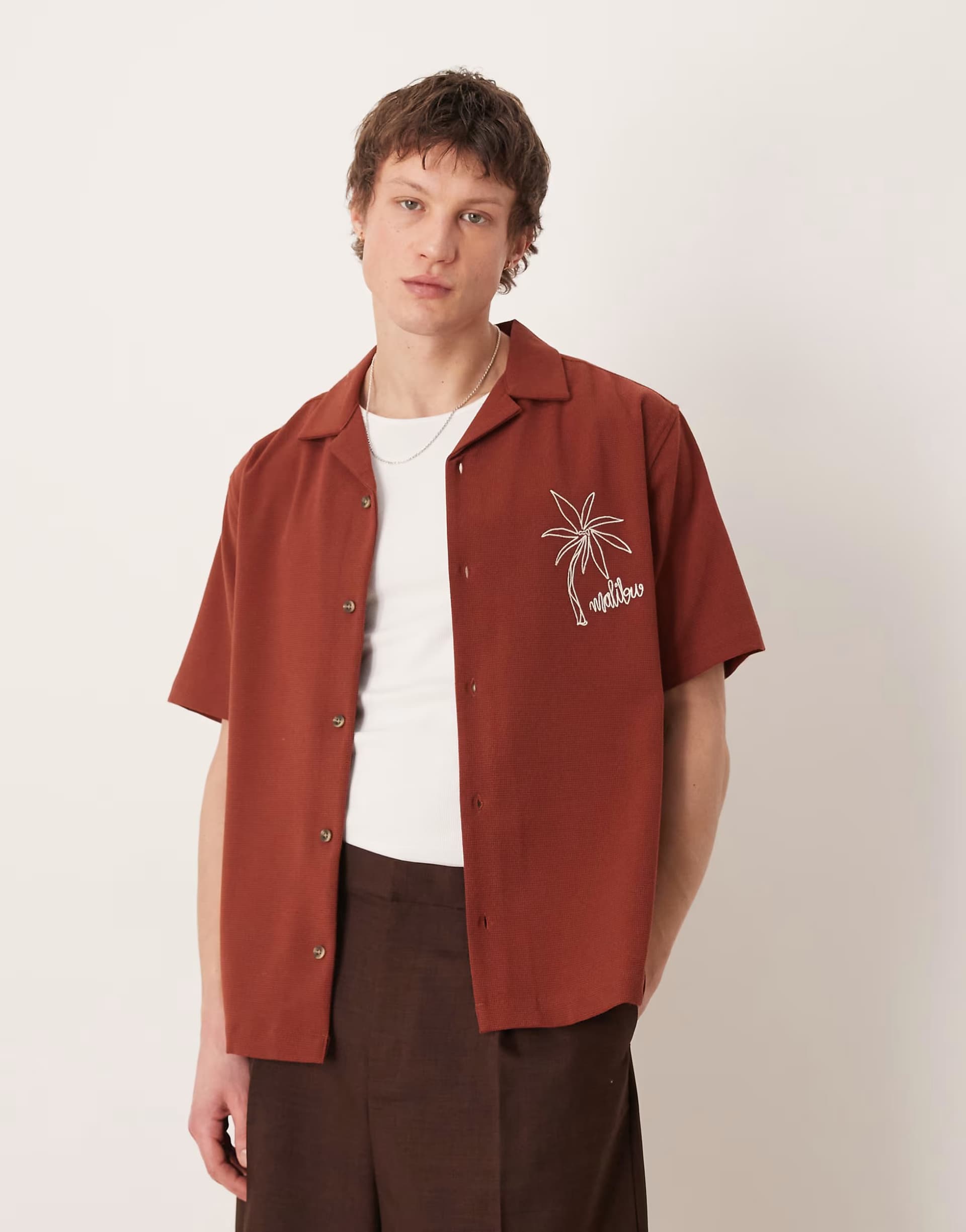 ASOS ASOS DESIGN relaxed revere textured shirt with chest embroidery in brown