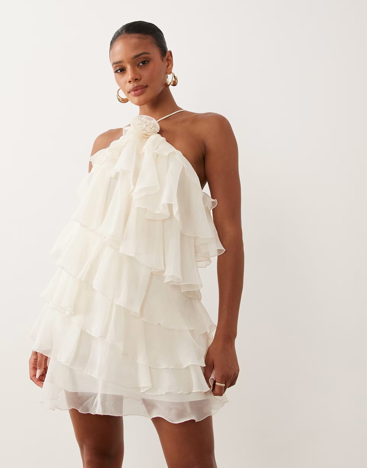 ASOS Gina Tricot mini frill halterneck mini dress with rose corsage in white - 1