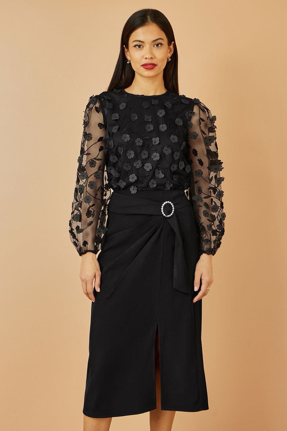 Yumi Yumi Women's Black Sheer Sleeve Applique Flower Top