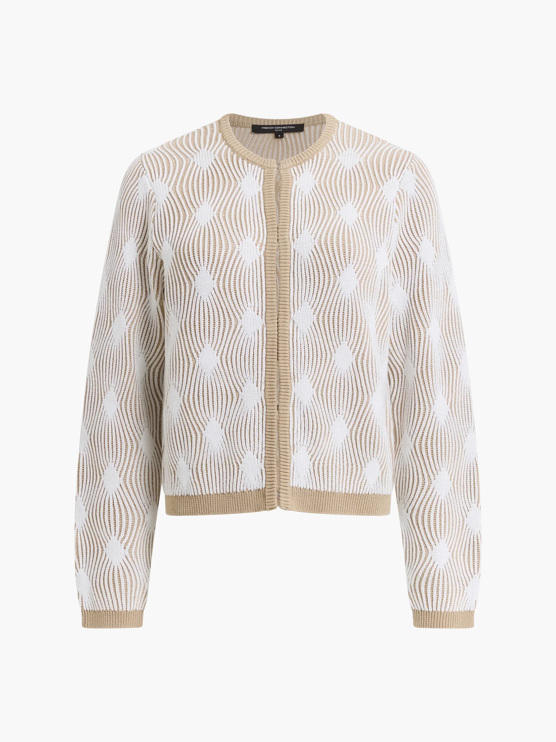 French Connection Pheby Wave Jacquard Knit Light Brown Cardigan Winter White/Light Incense