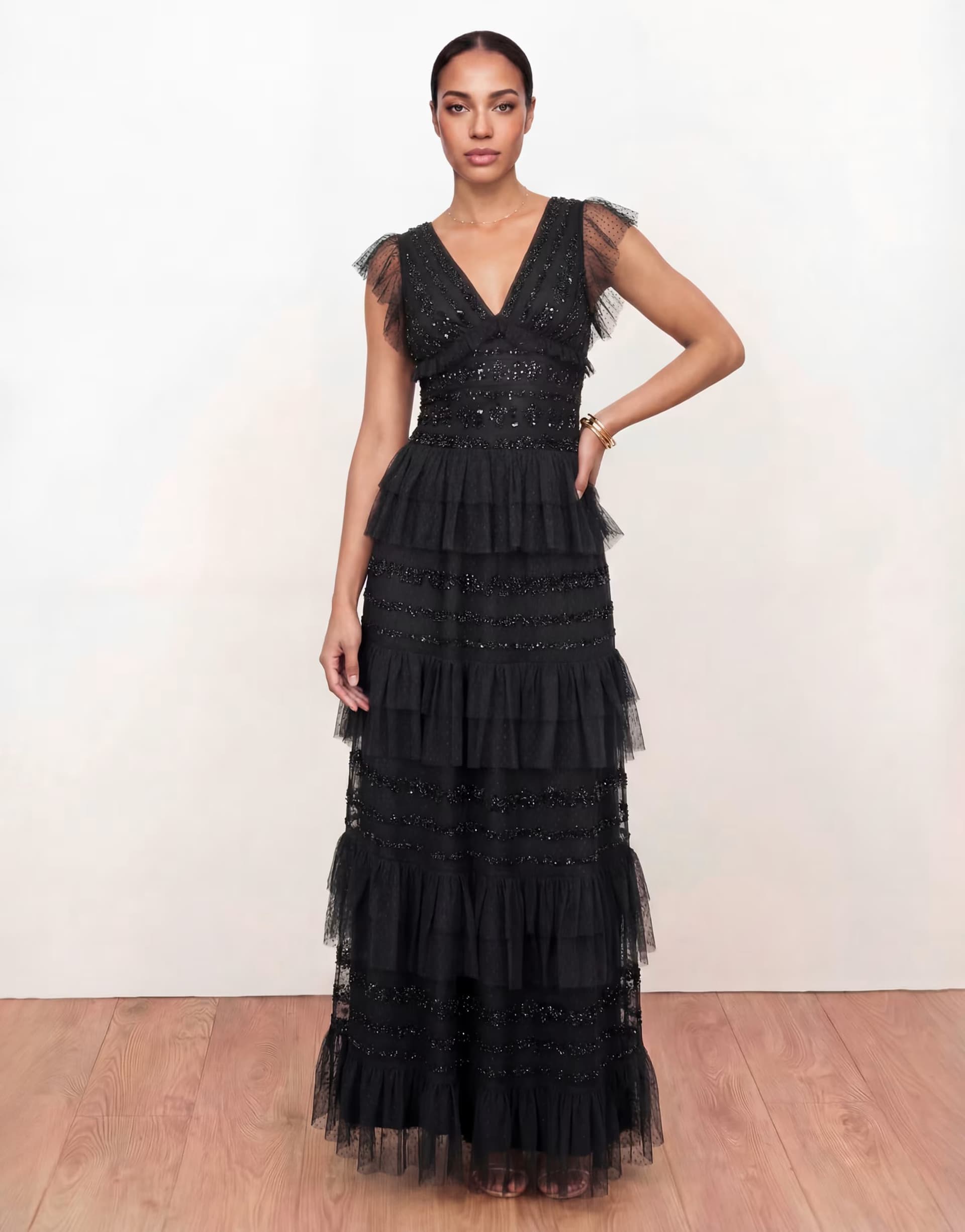 ASOS Maya Spot mesh embellished flutter sleeve tiered maxi dress in black
