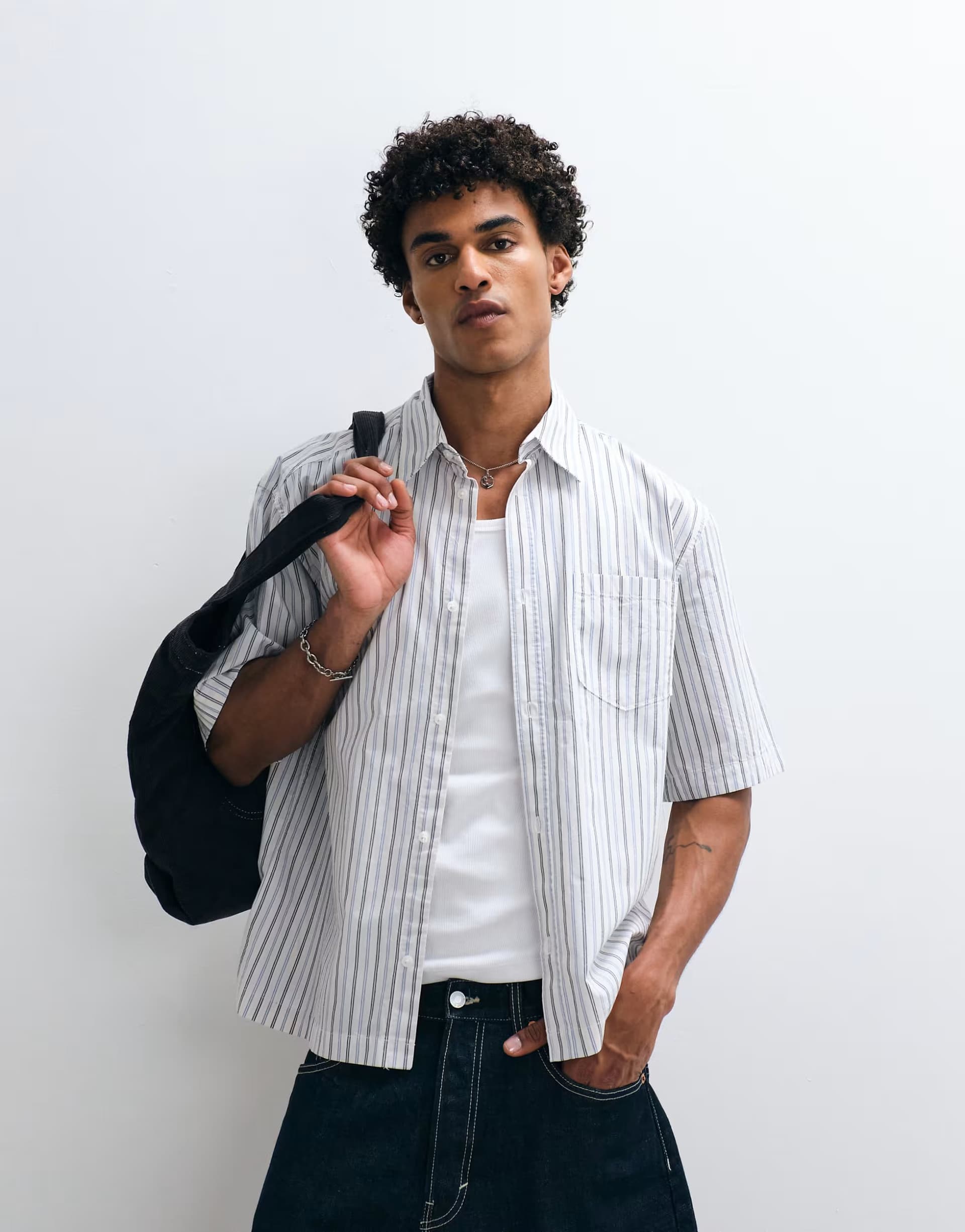 ASOS Weekday oversized short sleeve shirt in off-white & blue stripe
