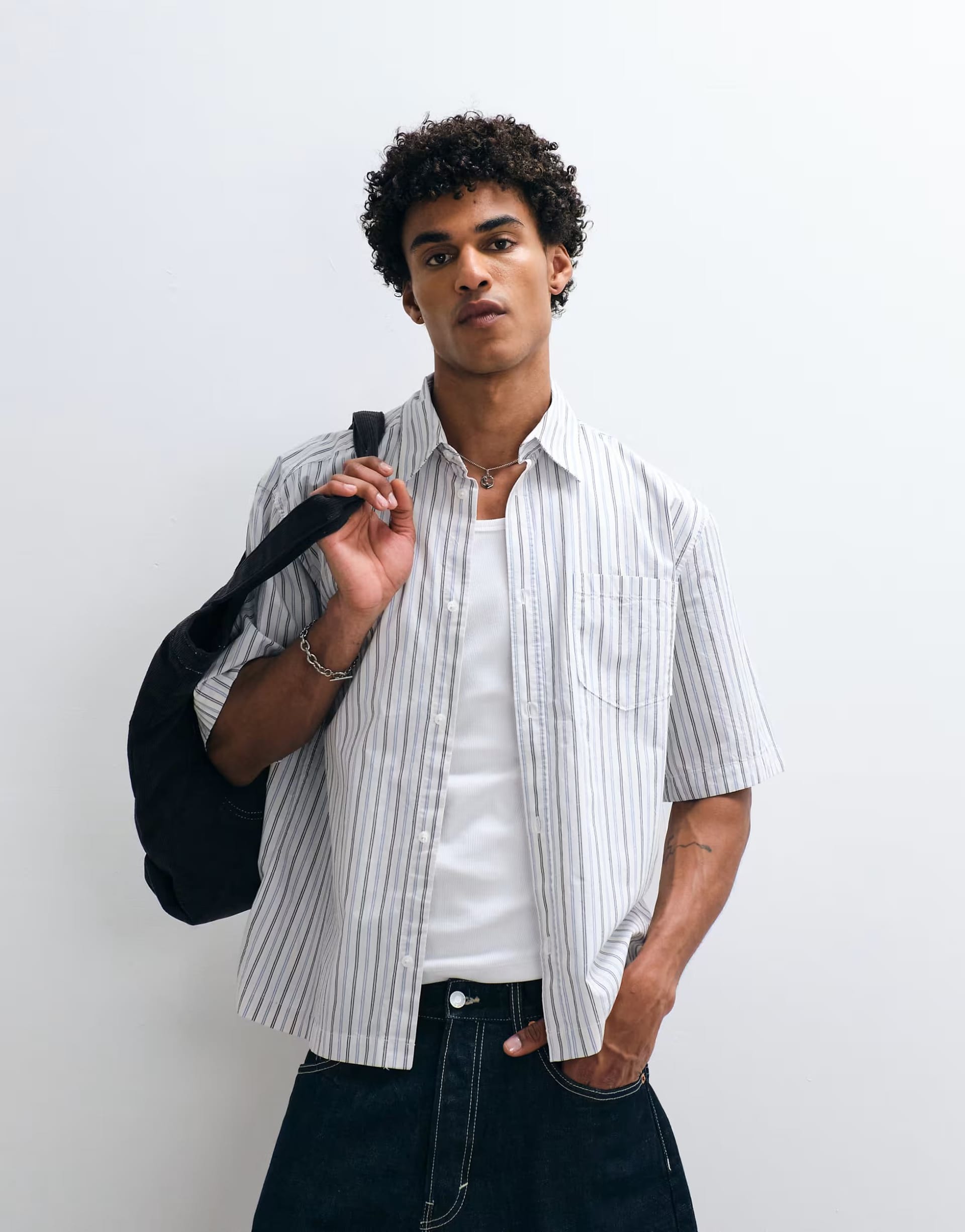 ASOS Oversized Off-White & Blue Striped Short Sleeve Shirt